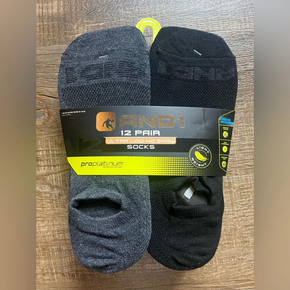 12 pk AND1 Men's Ultra Low No Show Socks - Black and Gray. NWT. Shoe size 6-12.5